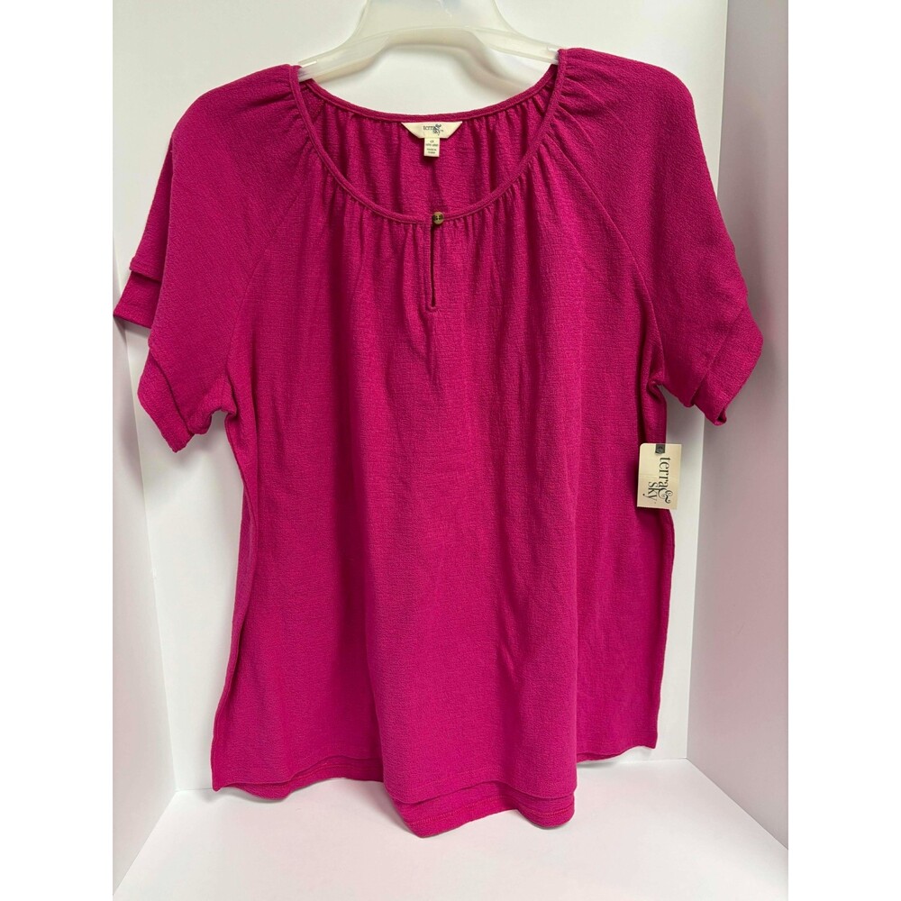 Terra Sky Peasant‎ Blouse Women's 1X Pink Textured Short Sleeve Scoop Neck NWT